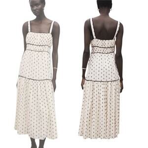 Mango Plumetti Midi Dress Cream Black Dots Size M (US 6) NWT